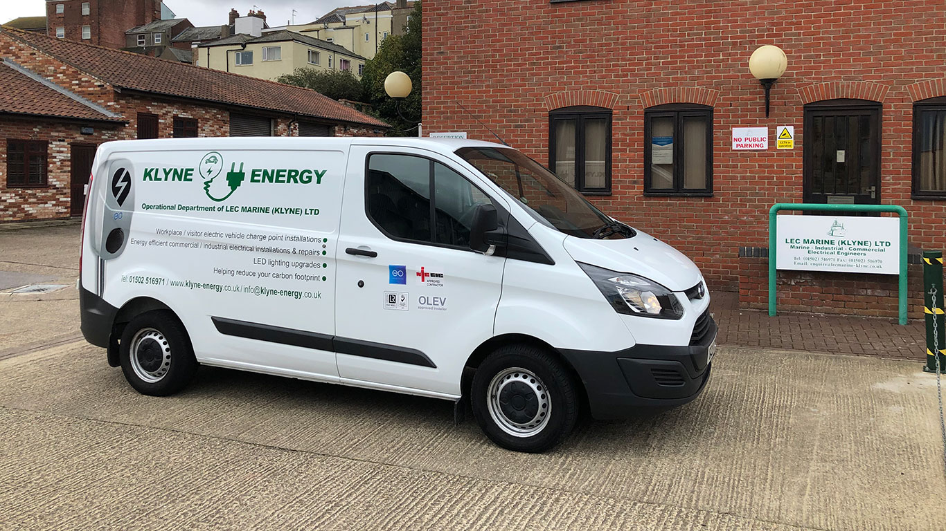 White van used for installing electric vehicle charging points.